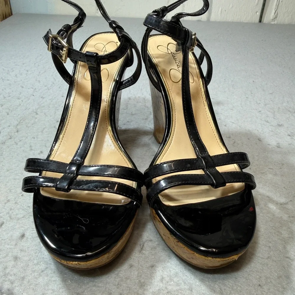 Jessica Simpson Wedge Sandals Womens 8.5 Black Patent T-Strap Cork Platform Heel